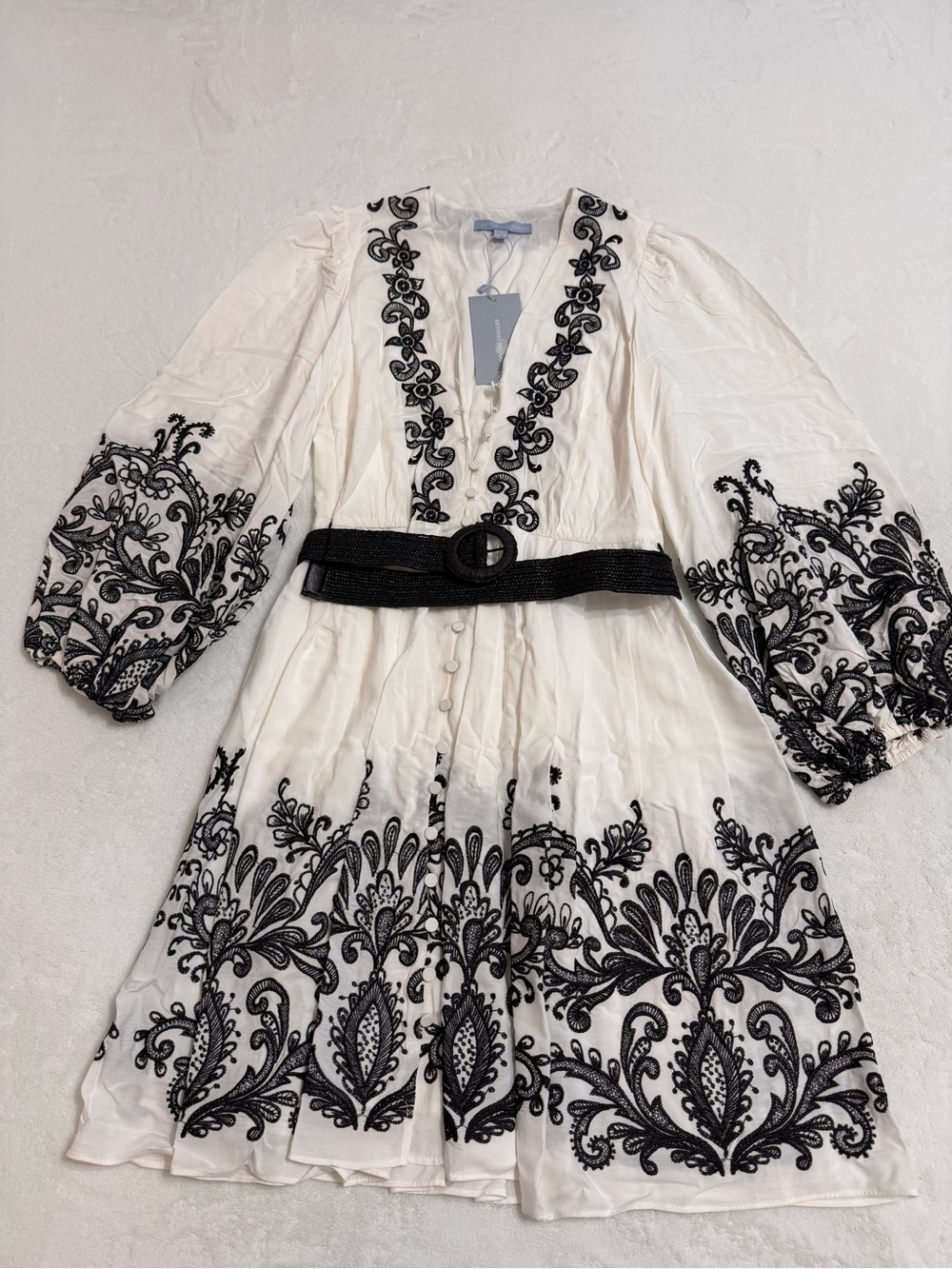 Antonio Melani White Embroidered V-Neck Dress with Black Belt